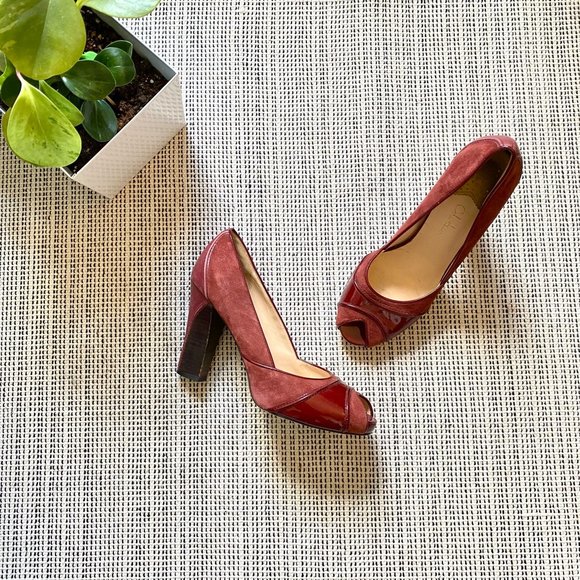 Cole Haan Shoes - Cole Haan burgundy peep toe suede/patent pumps